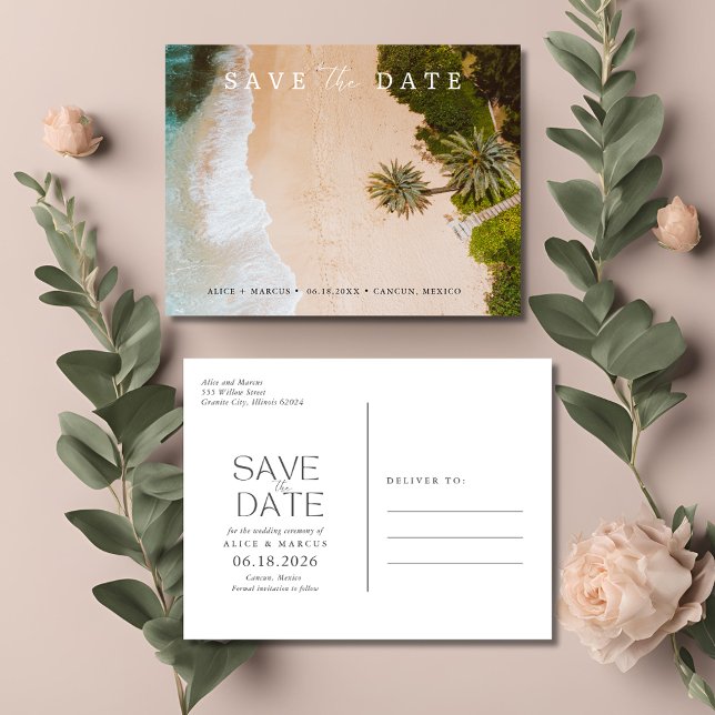Postal De Anuncios Boda de destino de playa tropical Guardar la fecha (Tropical Beach Destination Wedding Save the Date Announcement Postcard)