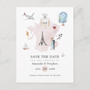 Postal De Anuncios Boda de destino en París con acuarela Save the Dat