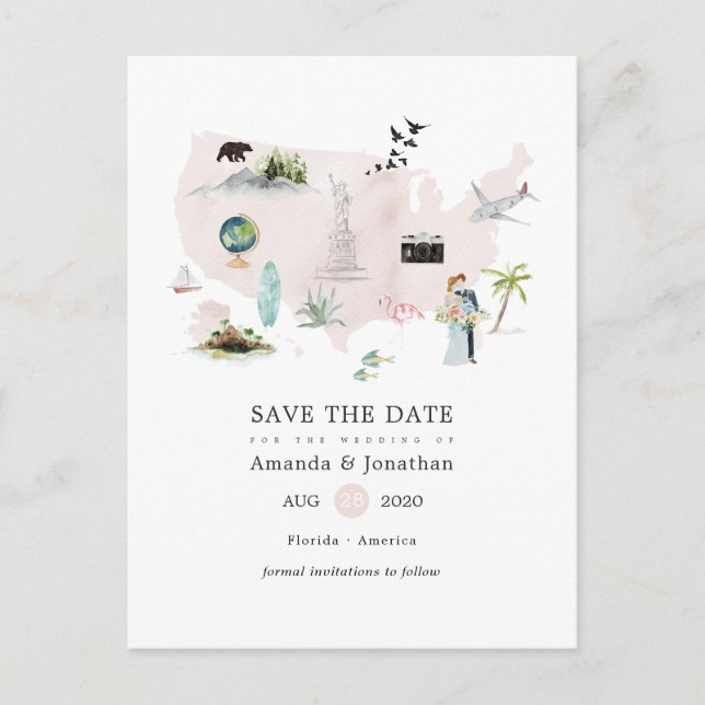 Postal De Anuncios Boda de destino Florida acuarela EE. UU. (Anverso)