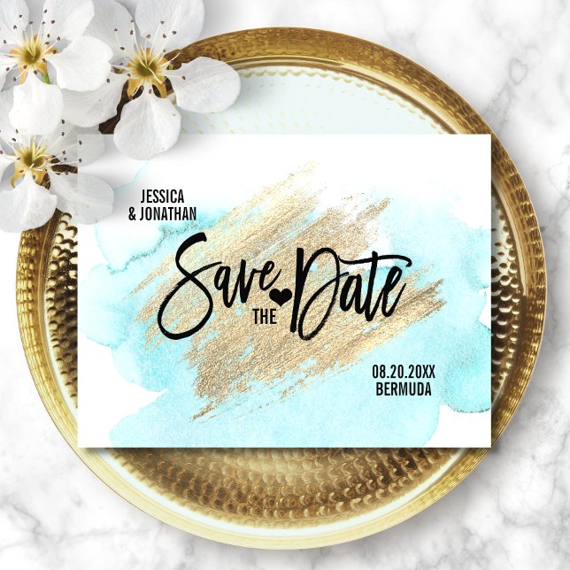 Postal De Anuncios Boda de destino Gold White BEACH GUARDAR LA FECHA (Subido por el creador)