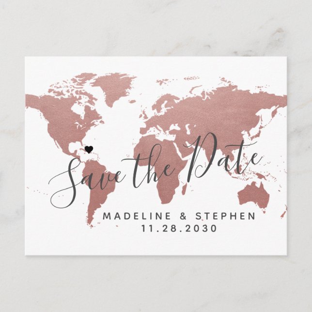 Postal De Anuncios Boda de destino Guardar fecha Rosa de oro Mapa ros (Anverso)