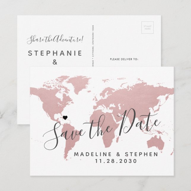 Postal De Anuncios Boda de Destino Guarde la Fecha Mapa Rosa Beige (Anverso / Reverso)