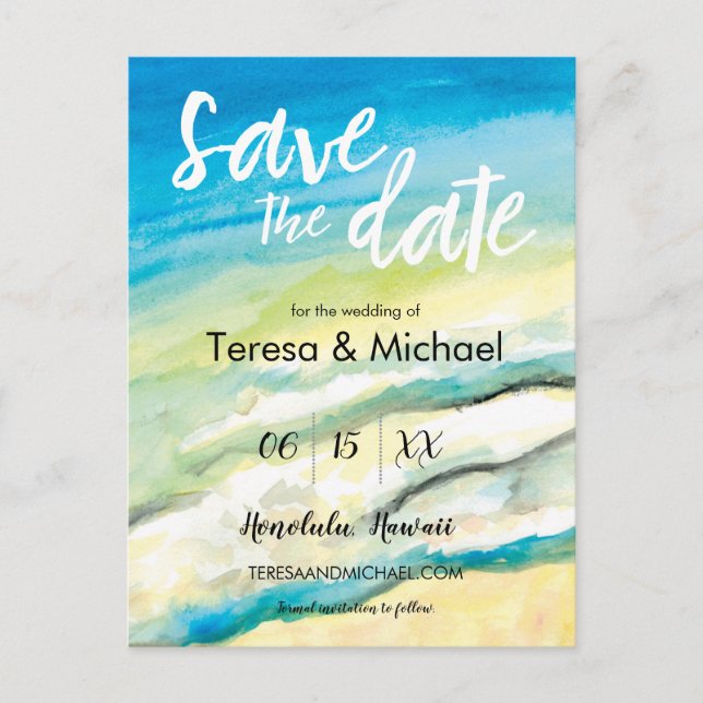 Postal De Anuncios Boda de destino personalizada en la playa acuarela (Anverso)