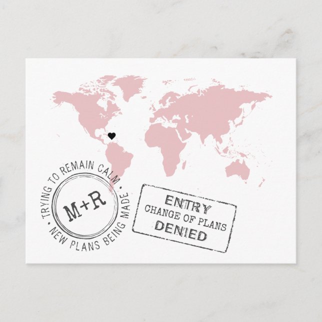 Postal De Anuncios Boda de Destino Rosa Cambio de Fecha Divertido (Anverso)