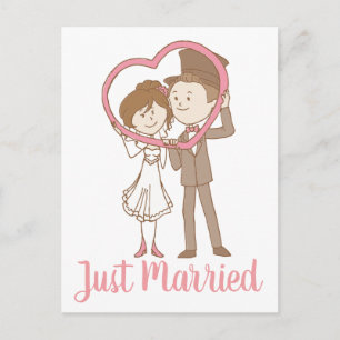 Postal De Anuncios Boda de dibujos animados de recién casados rosa no