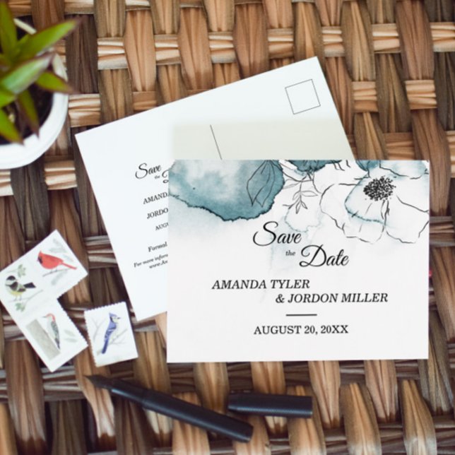 Postal De Anuncios Boda de esbozo de acuarela verde azulada Guardar l (Subido por el creador)