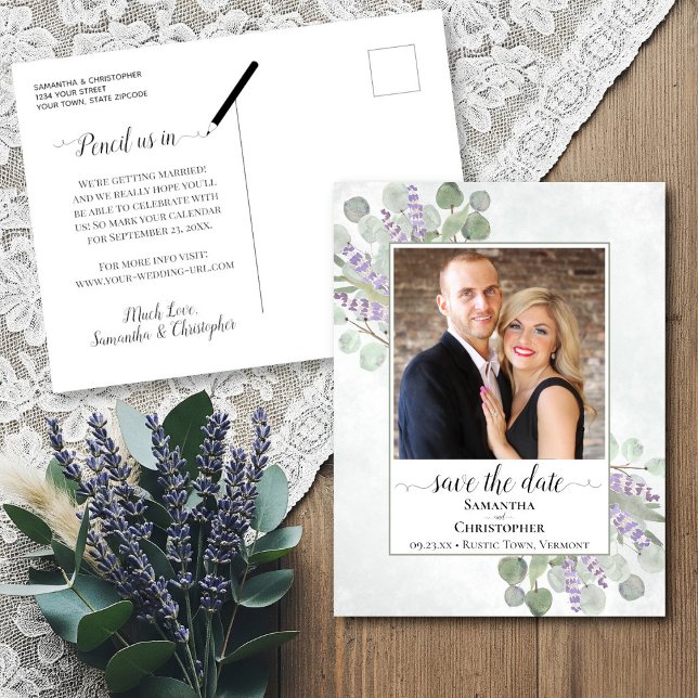 Postal De Anuncios Boda de Eucalipto y Lavanda - Foto de "Save the Da (Back/Front)