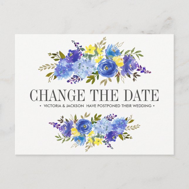 Postal De Anuncios Boda de flores amarillas azules brillantes CAMBIA  (Anverso)