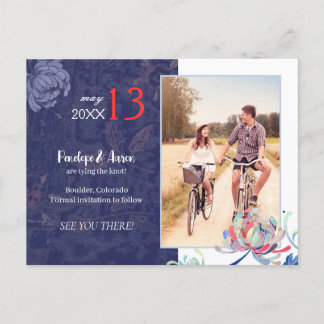 Postal De Anuncios Boda de flores azules marino Foto Guardar la fecha