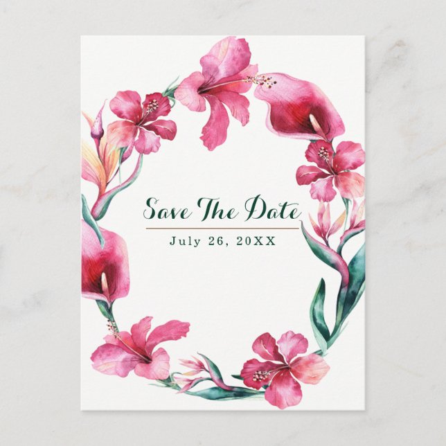 Postal De Anuncios Boda de flores tropicales hawaianas salva la fecha (Anverso)