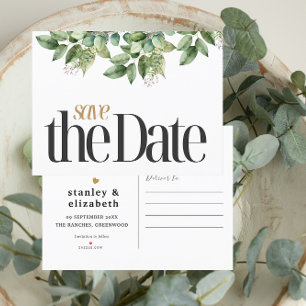 Postal De Anuncios Boda de follaje Rústico Botánico Verde y Oro