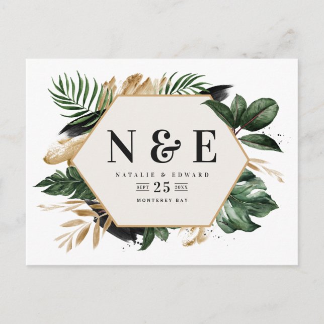 Postal De Anuncios boda de follaje tropical salva la fecha (Anverso)
