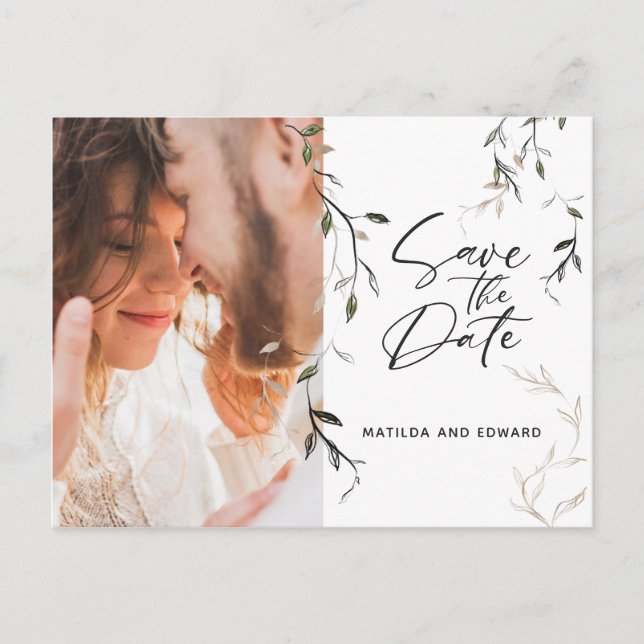 Postal De Anuncios Boda de foto de follaje botánico de hoja dibujada (Anverso)