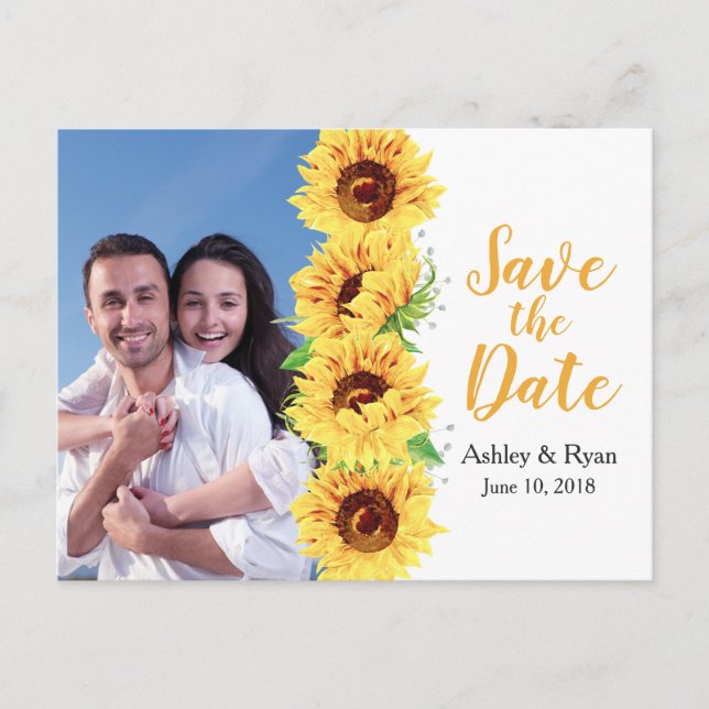 Postal De Anuncios Boda de foto de girasol amarillo salva la fecha (Anverso)