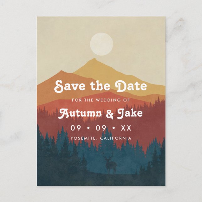 Postal De Anuncios Boda de fotografía de montaña y bosque retro salva (Anverso)