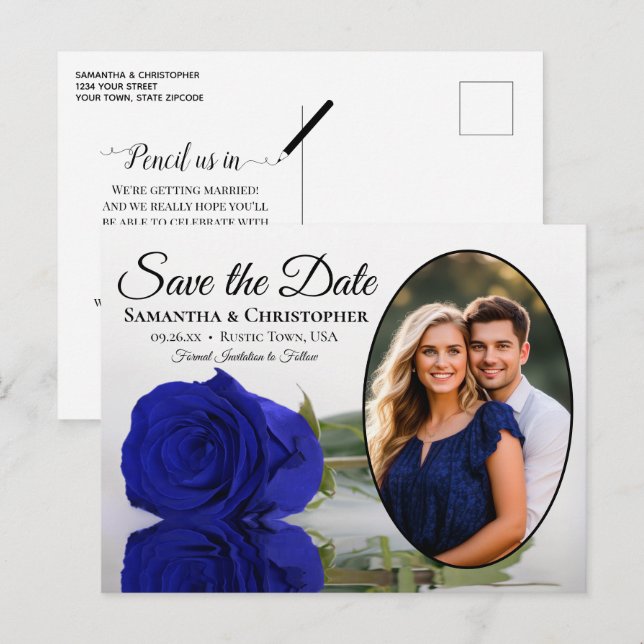 Postal De Anuncios Boda de fotos del Rosa azul real Oval Save The Dat (Anverso / Reverso)