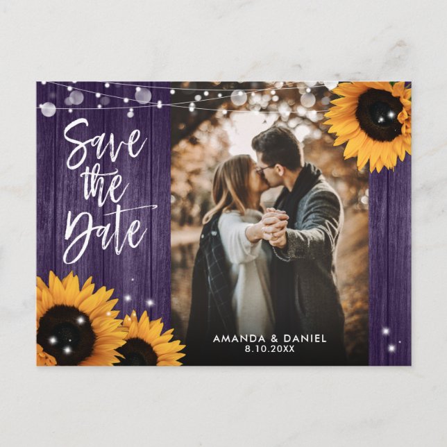 Postal De Anuncios Boda De Girasol Púrpura Foto Guardar Fecha (Anverso)
