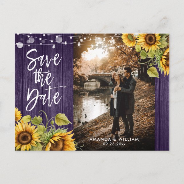 Postal De Anuncios Boda De Girasol Púrpura Foto Guardar Fecha (Anverso)