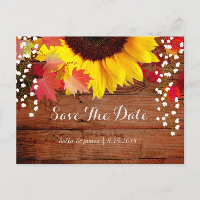 Postal De Anuncios Boda De Girasol Rústica Salva Las Cartas De Fecha (Anverso)
