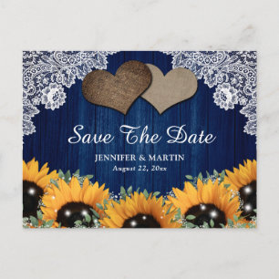 Postal De Anuncios Boda de Girasoles de Azul Marino Rústico Guardar l
