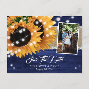 Postal De Anuncios Boda de girasoles de madera azul marino Foto