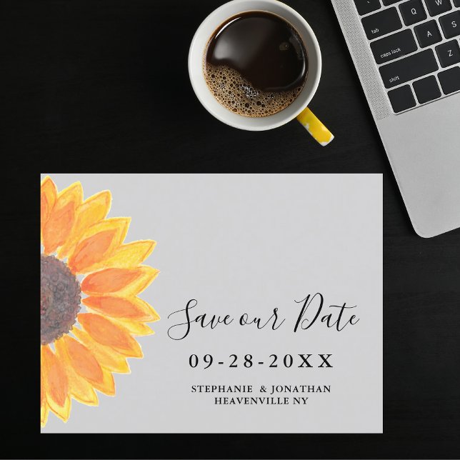 Postal De Anuncios Boda de girasoles en acuarela Gris Guarde la fecha (Subido por el creador)