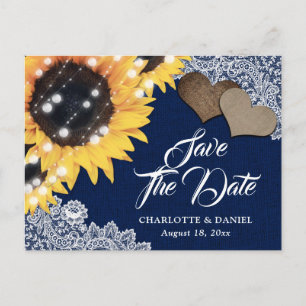 Postal De Anuncios Boda de girasoles rústicos azul marino, guarde la 