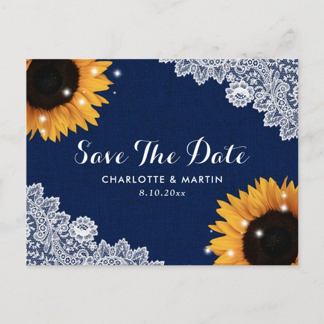 Postal De Anuncios Boda de girasoles rústicos azul marino Save The Da (Anverso)