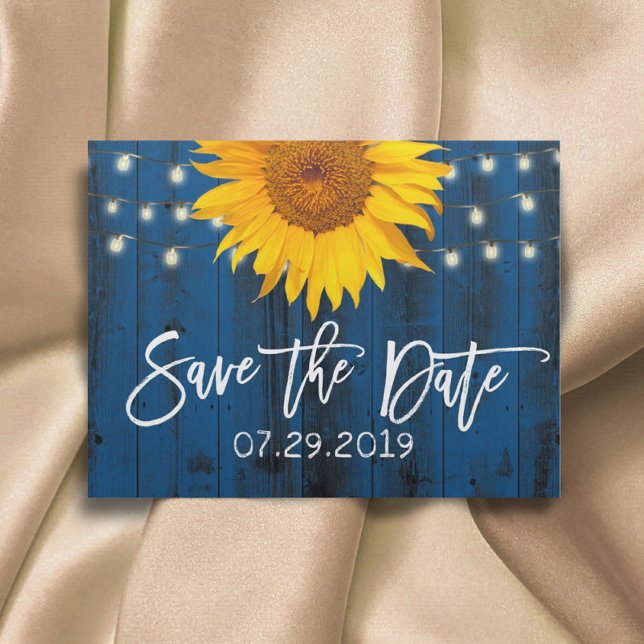 Postal De Anuncios Boda de girasoles rústicos azules marinos Ahorra l (Subido por el creador)