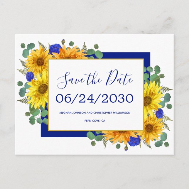 Postal De Anuncios Boda de Girasoles Rústicos Rosas Azules Guárdame l (Anverso)