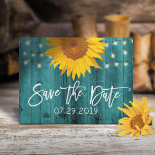 Postal De Anuncios Boda de granero Verde azulada de girasol rústico s