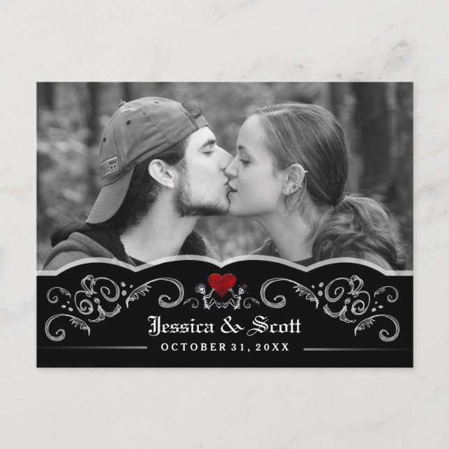 Postal De Anuncios Boda de Halloween Skeletons Heart Photo Save Date (Anverso)