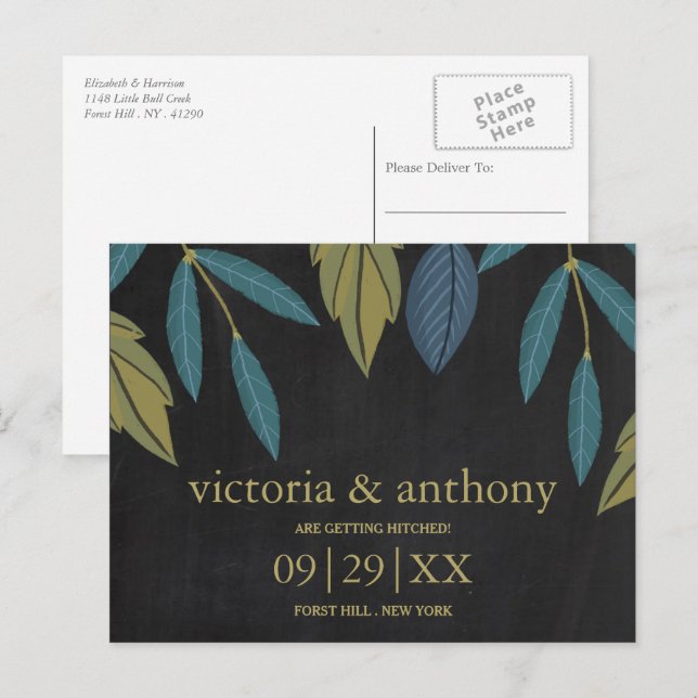 Postal De Anuncios Boda de hoja en pizarra Guardar la fecha (Anverso / Reverso)