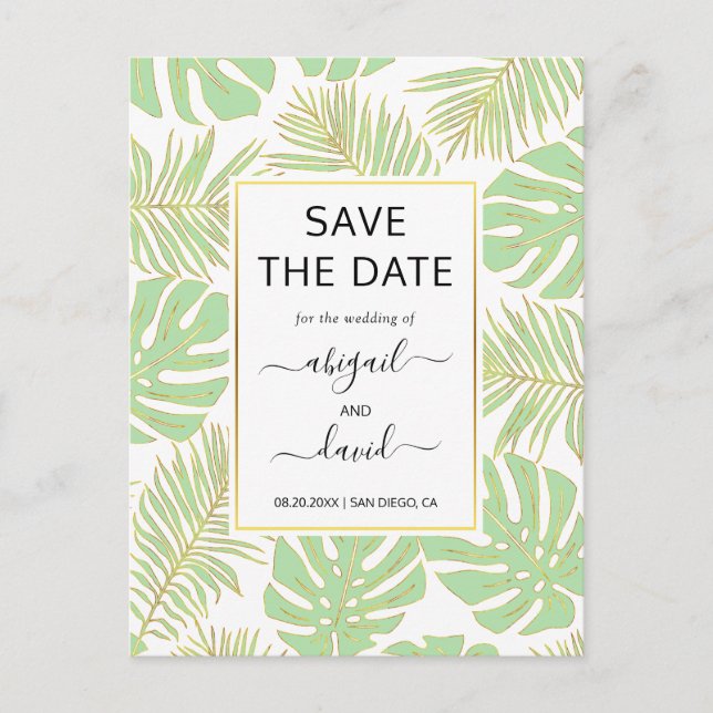 Postal De Anuncios Boda de hojas tropicales verdes de menta Save the  (Anverso)