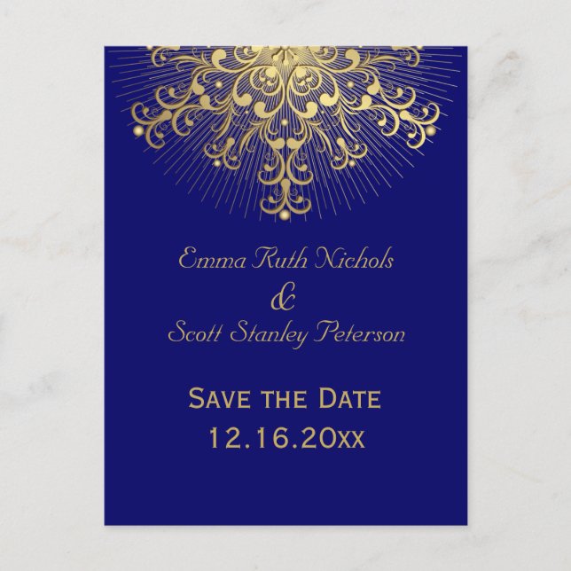 Postal De Anuncios Boda de invierno azul copo de nieve dorado Save th (Anverso)