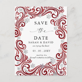 Postal De Anuncios Boda de invierno de copos de nieve rojos plateados