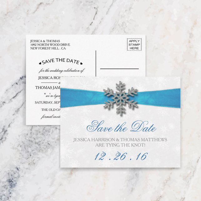 Postal De Anuncios Boda de Invierno Diamante Snowflake & Blue Ribbon (Subido por el creador)