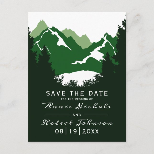 Postal De Anuncios Boda de invierno en montaña verde Save the Date (Anverso)