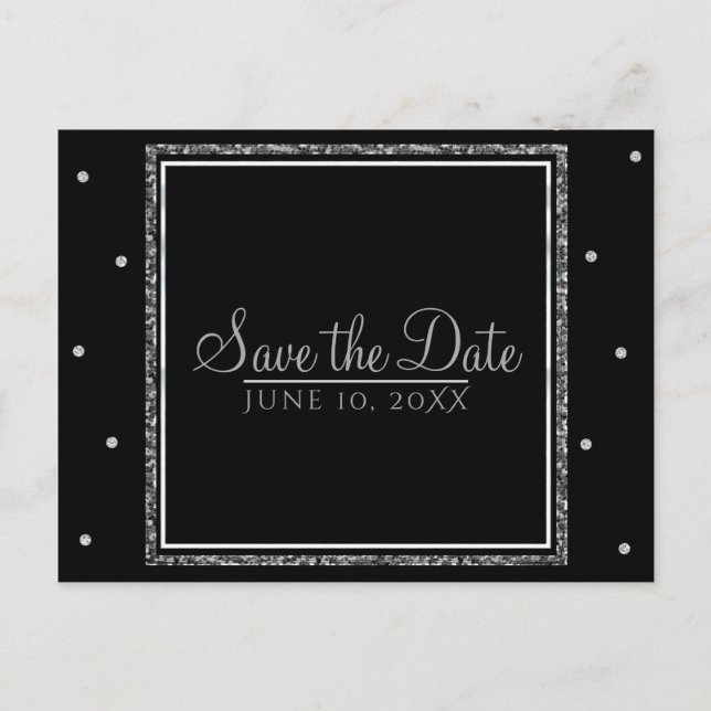 Postal De Anuncios Boda de Invierno Glam Plata y Blanco Salva la Fech (Anverso)