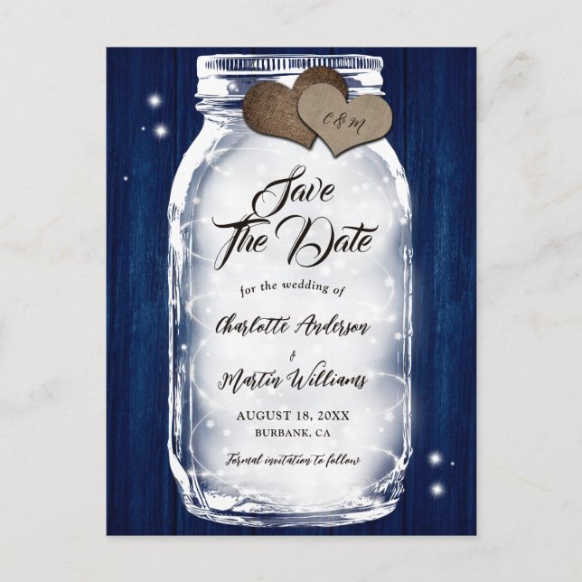 Postal De Anuncios Boda de las luces de cadena de madera de Navy Blue (Anverso)