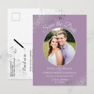 Postal De Anuncios Boda de Lavanda de Encaje Plateado Foto de Guardar