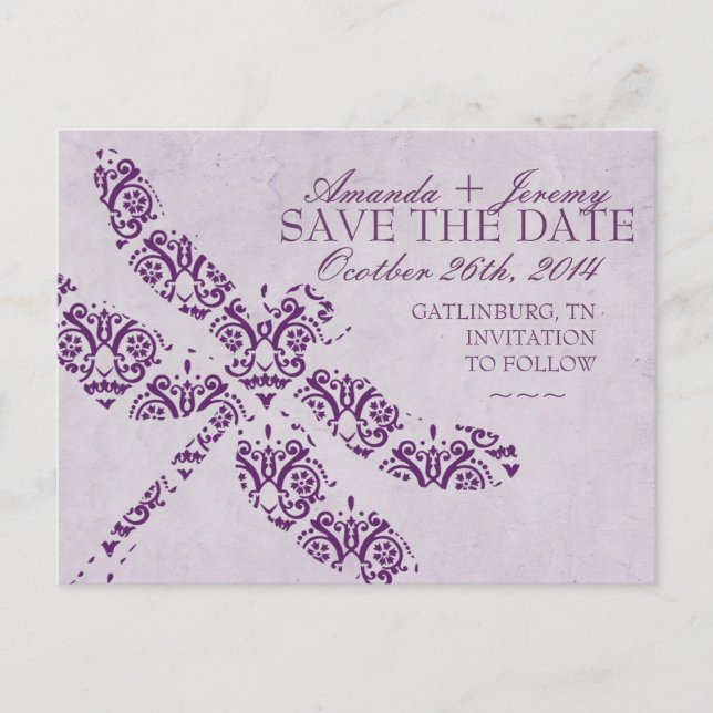 Postal De Anuncios Boda de libélula de Damasco Púrpura (Anverso)