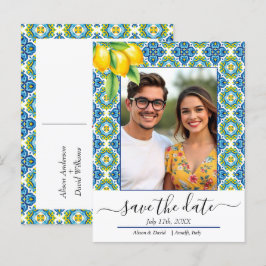 Postal De Anuncios Boda de limón con azulejo azul y amarillo mediterr
