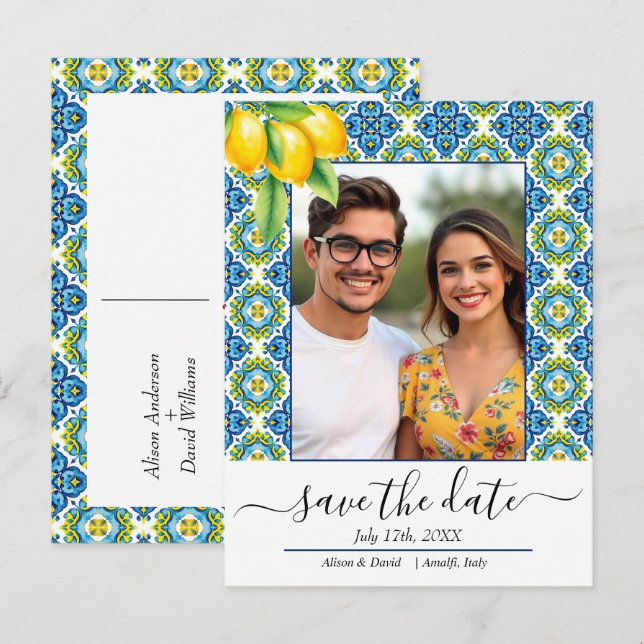 Postal De Anuncios Boda de limón con azulejo azul y amarillo mediterr (Anverso / Reverso)