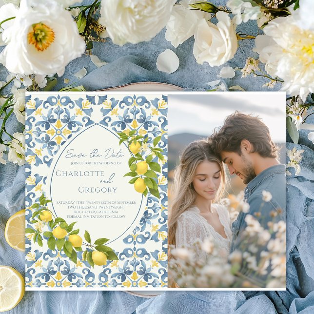 Postal De Anuncios Boda de limón con azulejos azules italianos elegan (Subido por el creador)