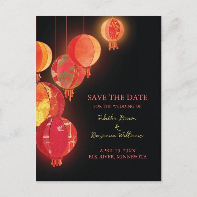 Postal De Anuncios Boda de Luces Rojas Chic, guárdala la fecha (Anverso)