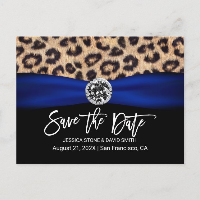Postal De Anuncios Boda de lujo con cinta azul marino y leopardo  (Anverso)