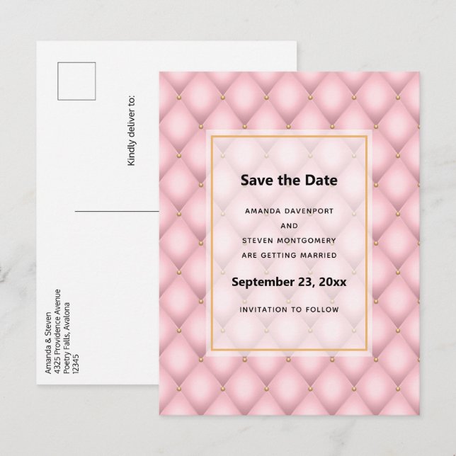Postal De Anuncios Boda de lujo con patrón de diamante rosa acolchado (Anverso / Reverso)
