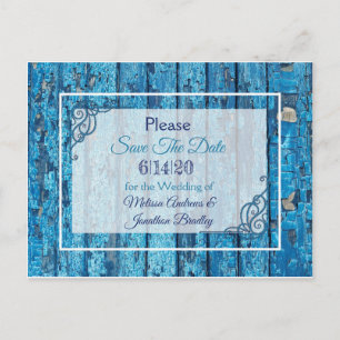 Postal De Anuncios Boda de Madera Azul Antiguo Weathered Save the Dat