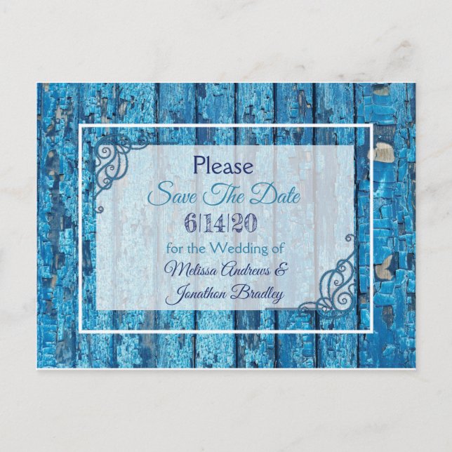 Postal De Anuncios Boda de Madera Azul Antiguo Weathered Save the Dat (Anverso)